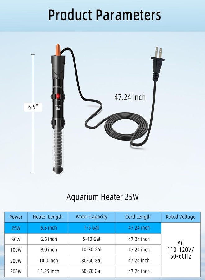 سخان حوض السمك HiTauing بقدرات 25 واط/50 واط/100 واط/200 واط/300 واط، سخان حوض سمك بمقبض قابل للتعديل مع ترمومتر رقمي، سخان غاطس لأحواض أسماك البيتا/السلاحف للمياه العذبة والمالحة - Image 2